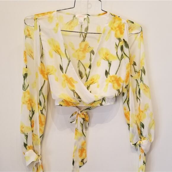 Tops - Luxxel Lemon Yellow Floral Cropped Cold Shoulder Wrap Blouse Lined Size M